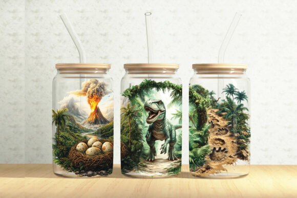Dinosaurs 16oz Glass Can Tumbler Wrap – A Graphic Illustration for Creative Projects