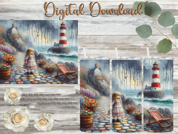 Lighthouse Girl Oil Painting for Tumbler Wraps and Graphics