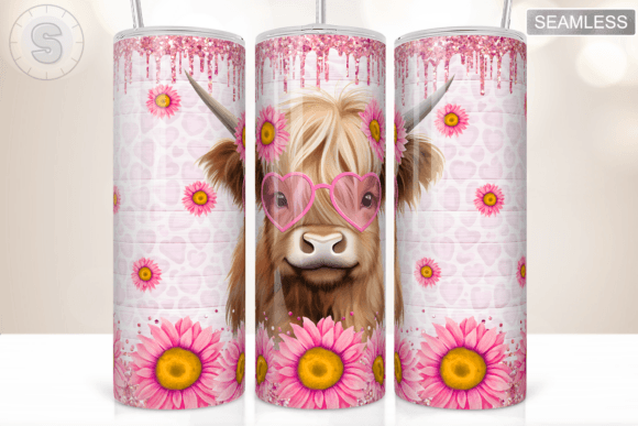 Pink Sunflower Highland Cow Tumbler Wrap Graphics