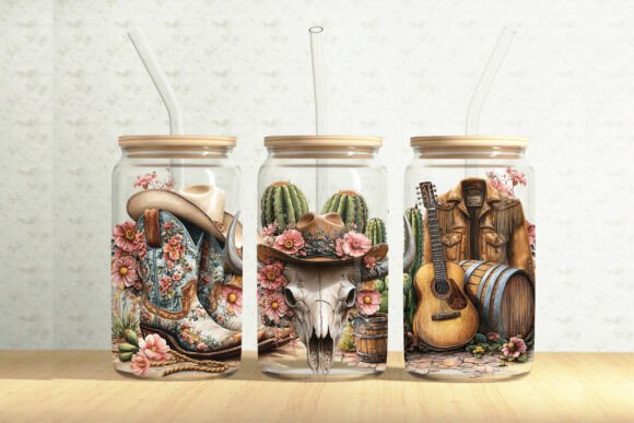 Wild West 16oz Glass Can Tumbler Wrap – A Graphic Design Asset for Editorial Use